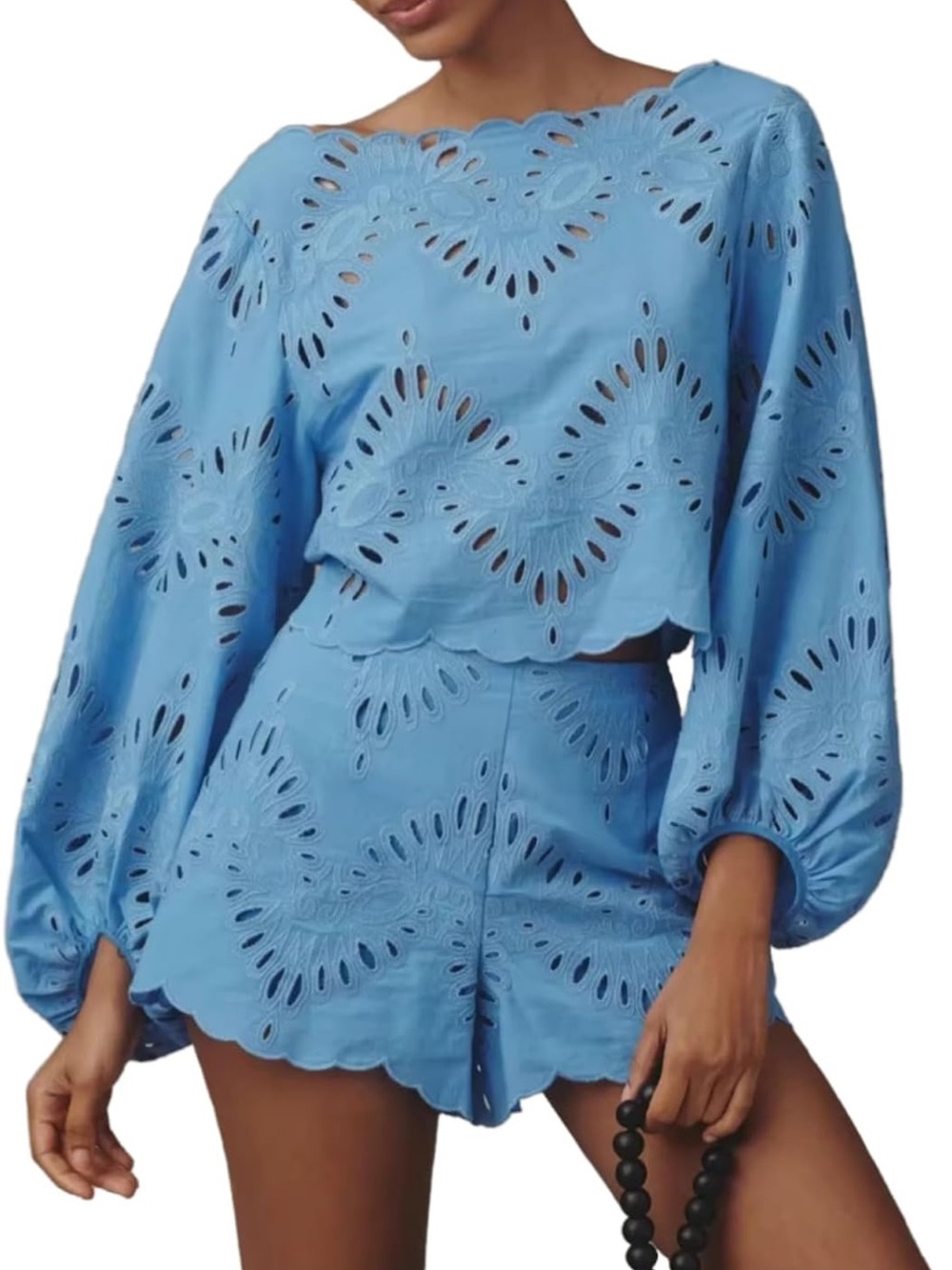 High-Waist Blue Eyelet Scallop Hem Shorts